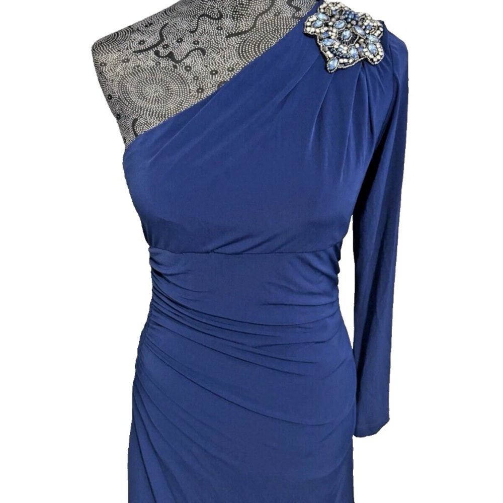 Eliza J One-Shoulder Blue Dress with Lace and Embellishment